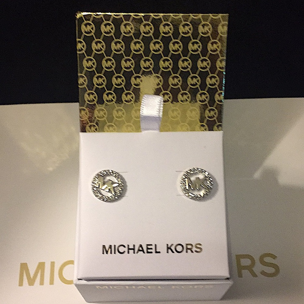 MICHAEL KORS - SILVER MK LOGO STUD EARRINGS (NWT)